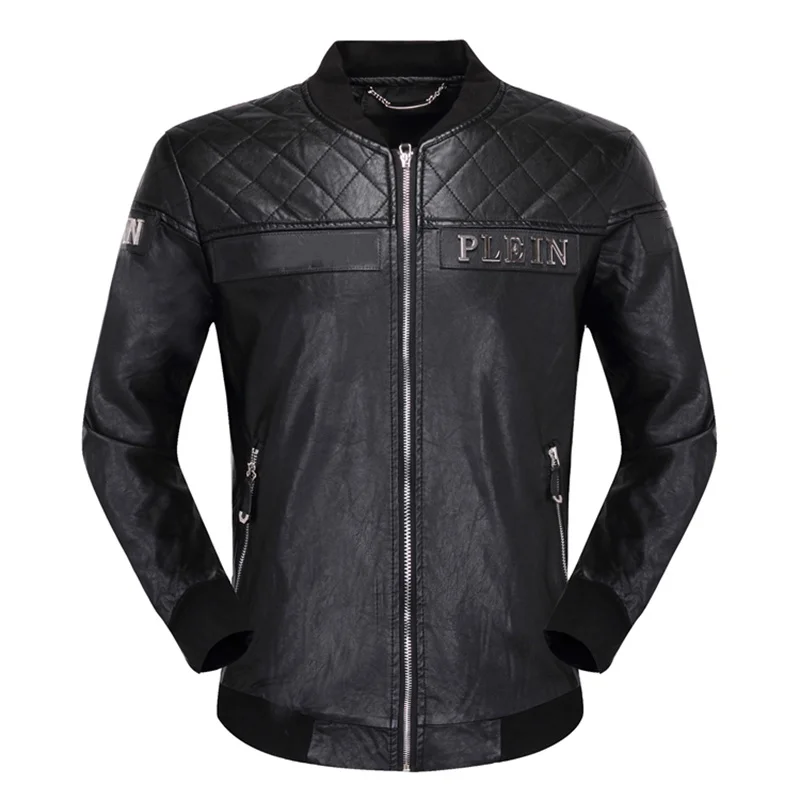 

artificial Leather jacket men's leather PU metal letter decoration plein fashion trend Motorcycle Jacket Top Europe 2023