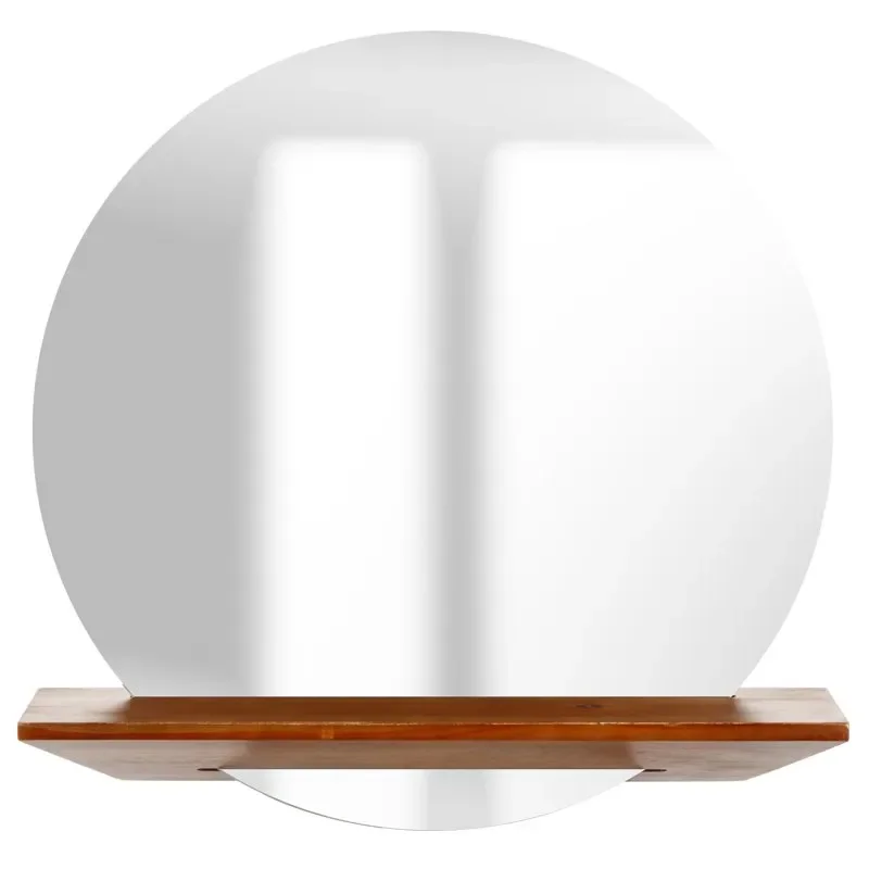 

cor Solution. Round Frameless Stylish Wall-Mounted Bathroom Mirror with Wood Shelf, Ideal Storage & Décor Solution.