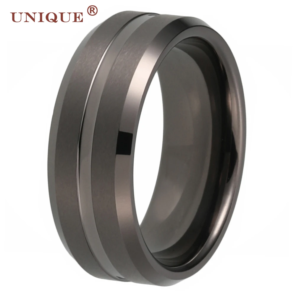 

Unique Jewel Couple 6/8mm Gunmetal Mens Womens Wedding Band Fashion Tungsten Ring Matte Finish Center Grooved Comfort Fit