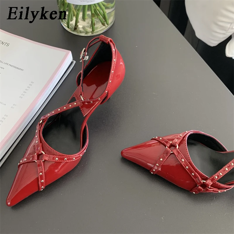 

Eilyken Rivet Pointed Toe Mule Woman Pumps Buckle Strap Thin High Heels Sandals Elegant Red Wedding Party Shoes