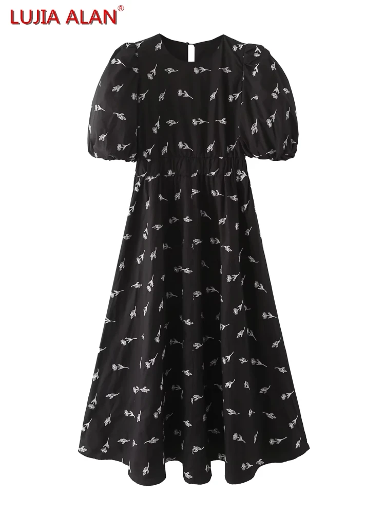 

New Women's Flower Embroidery O-Neck Elastic Waist Lantern Sleeve Casual Loose Long Dress LUJIA ALAN WD1015