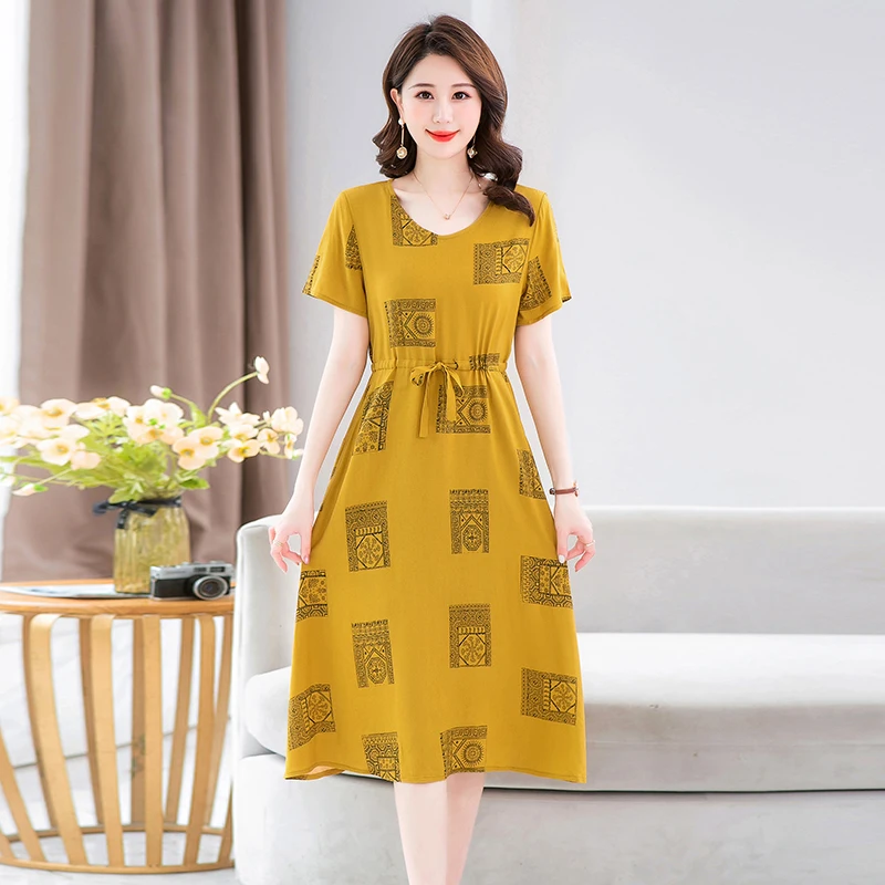 

Beardon 2023 Summer Print Dress Women V-Neck Short Sleeve Middle-aged Women Casual Waist Elegant Long Boho Dresses High Quality