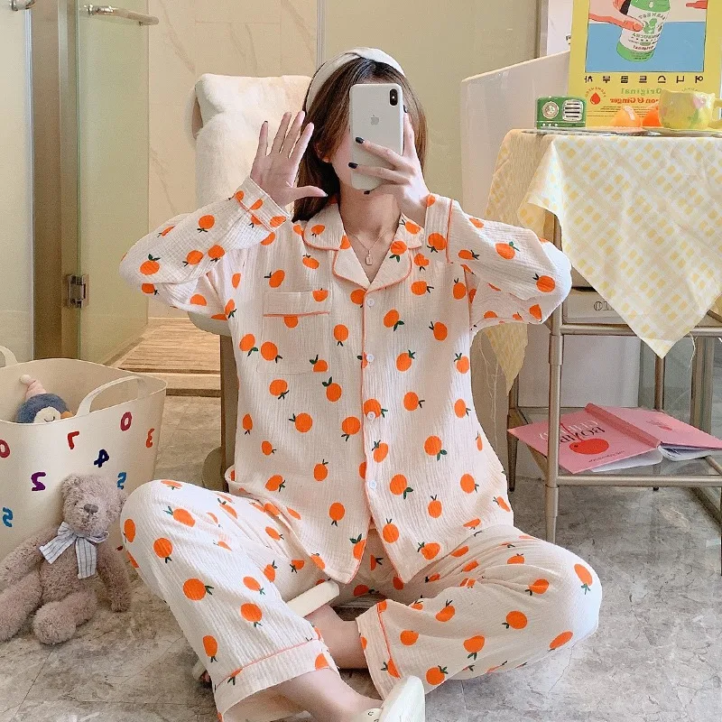 

New Cotton Women's Pajamas Thin Section Long-sleeved Trousers Suit Floral Fruit Lace Casual Loose Home Wear Pijamas Women