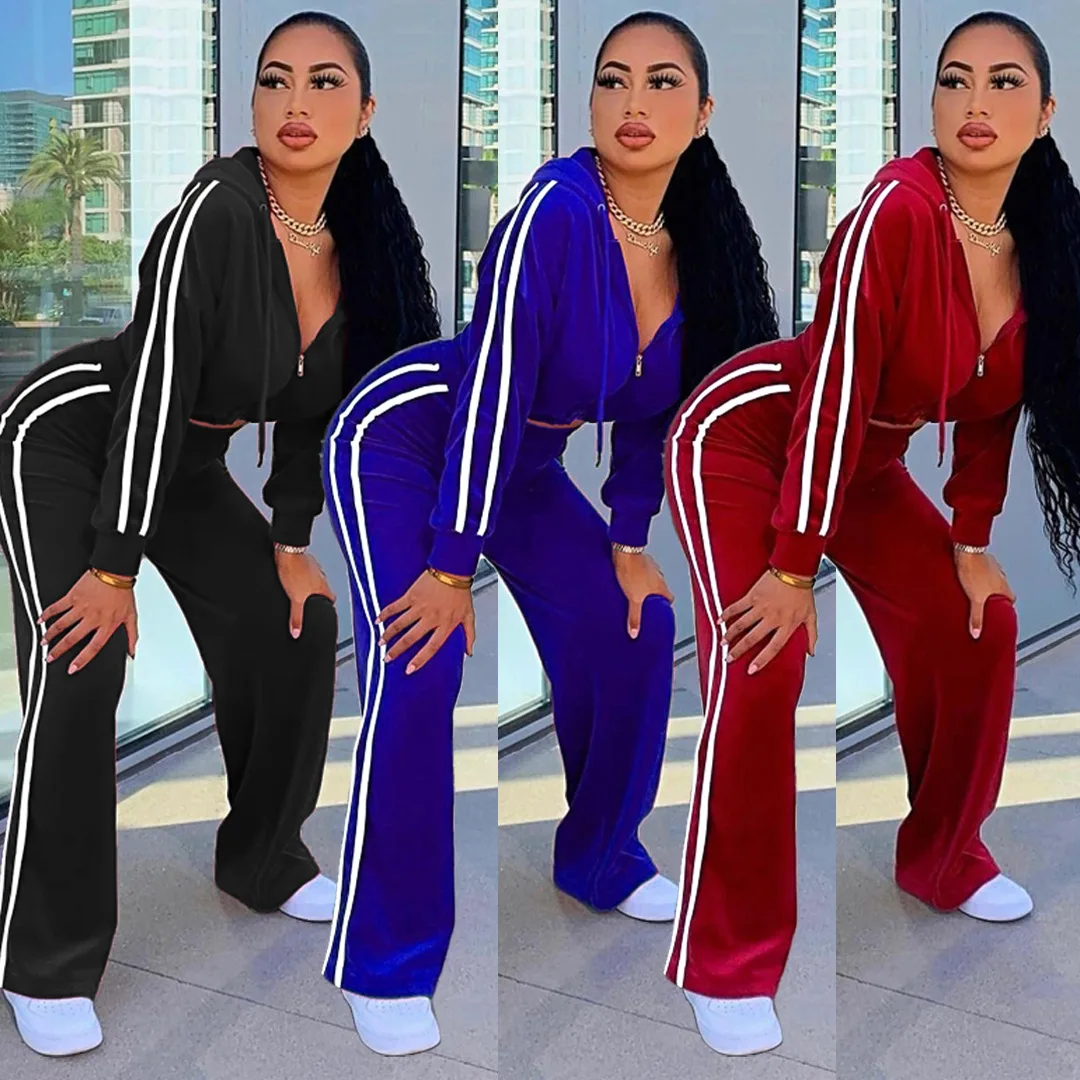 

Womens Running Fitness Set Solid Outfits 2022 Fashion Casual Velvet Webbing Zipper Splicing Loose Long Sports 2 Pieces Set