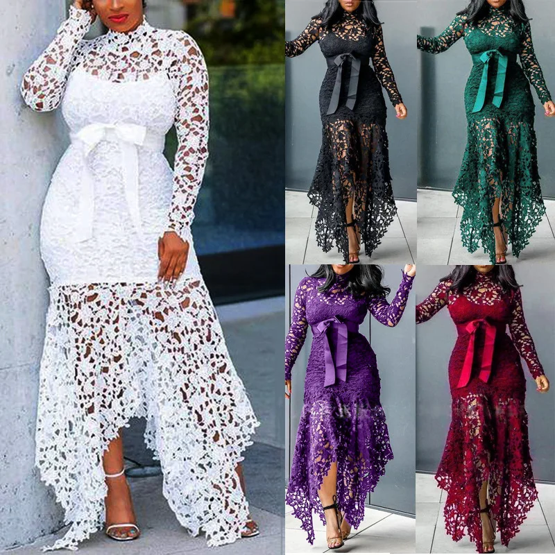 

2022 Hot Sell Women Long Sleeve Bow Belted Irregular Hem Hollow Lace Sexy Bodycon Long Dress