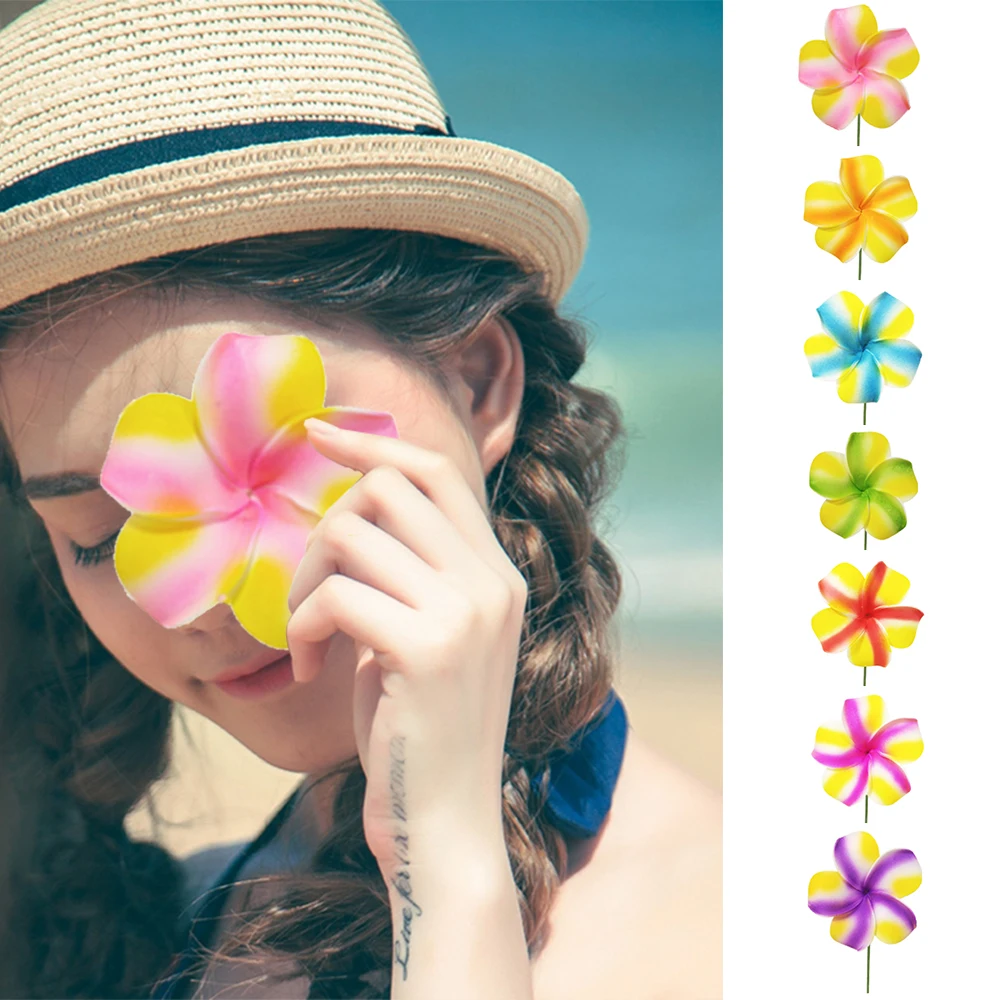 

10pcs/lot 7 Colors Hawaii Party Decorationear Flower EVA Frangipani Plumeria Girl Tropical Island Ear Flowers With Stem