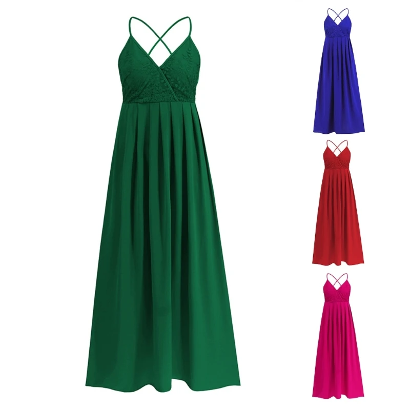 

Womens Causal Summer Dress Lace Spaghetti Strap Crisscross Sleeveless High Waist Beach Long Maxi Dresses 10CD