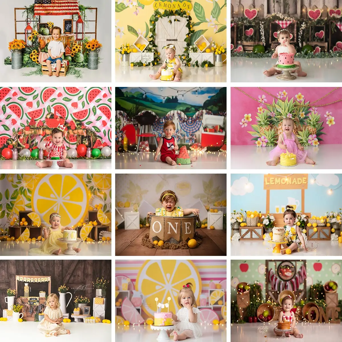 Фон для детской фотосъемки с изображением фруктов тортов Лемона и арбуза