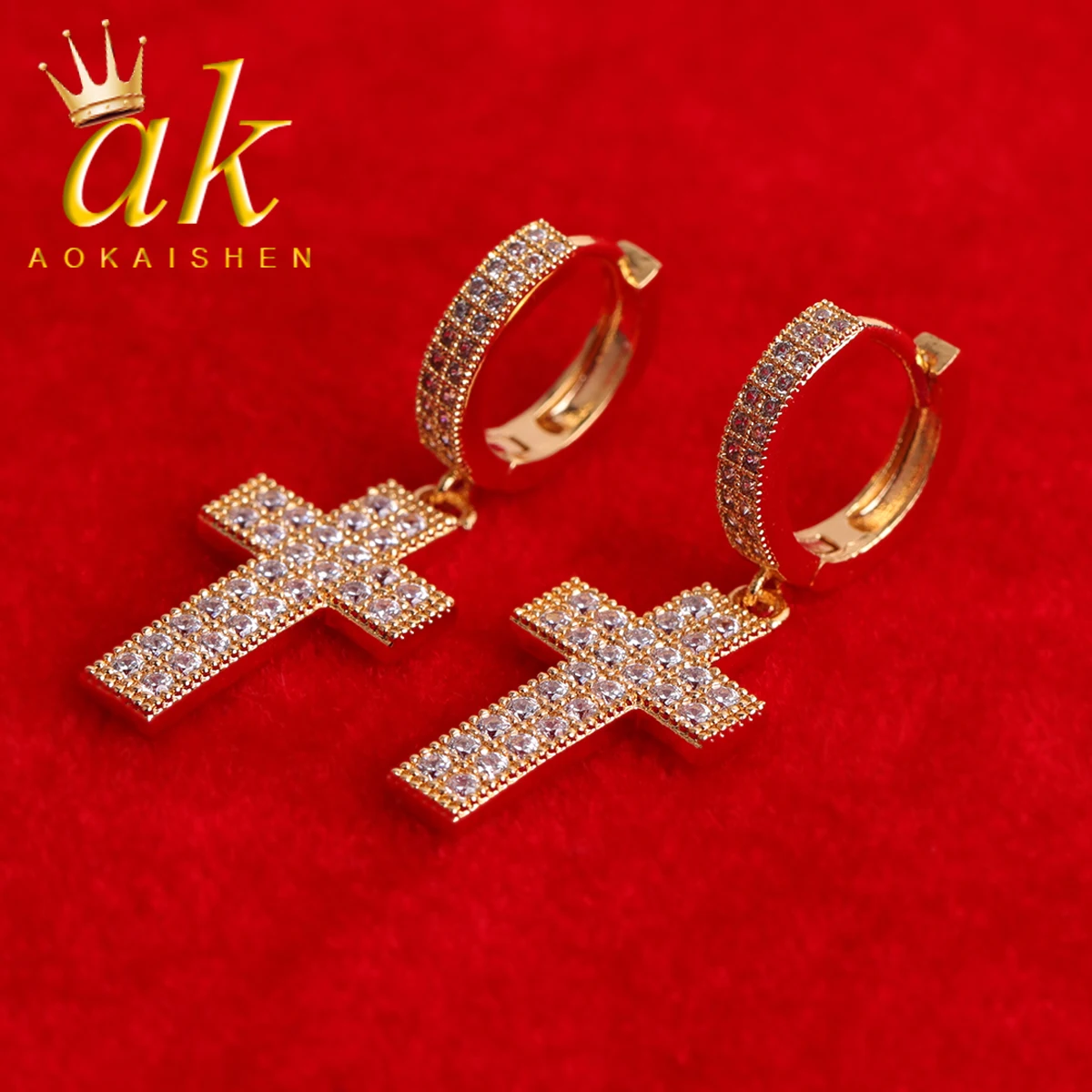 

Aokaishen Cross Earrings for Men Iced Out Charms Real Gold Plated Hip Hop Jewelry