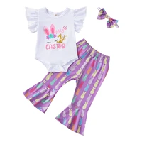 3pcs newborn my 1st easter outfits baby girls letter bunny print short sleeve round neck bodysuit flared pants bow headband