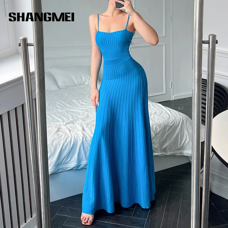 

Summer Elegant Knitted Strap Blue Sweater Dress Maxi Backless Dress Women Y2K Autumn Sexy Club Party Long Pleated Dresses