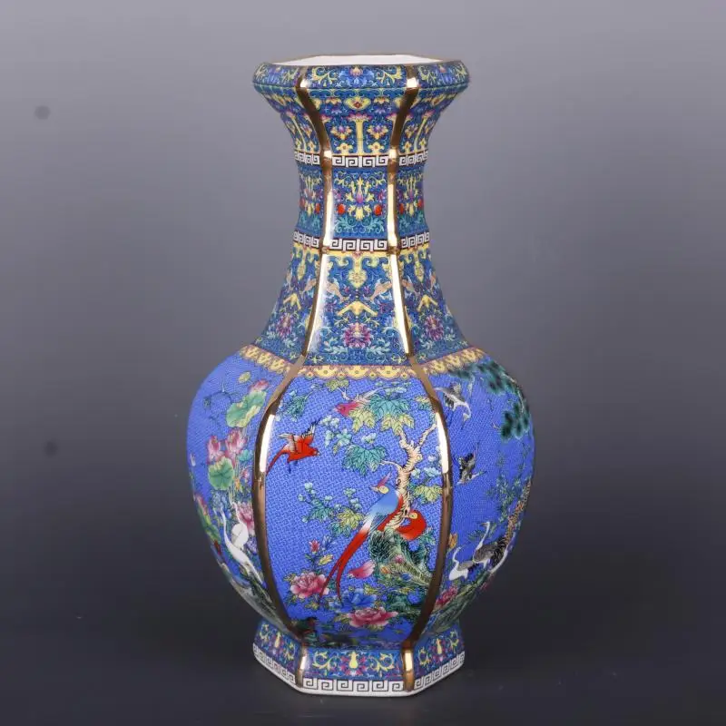 

Antique Qing Qianlong Enamel Color Hexagons Vase Flower and Bird Pattern Vases Antique Porcelain Ornament Chinese Ceramic Crafts