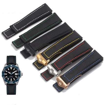 

22MM Watch Accessories Strap FOR Tag Heuer CARRERA AQUARACER Watch Band Canvas Nylon Leather Folding Buckle Bracelet 22mm