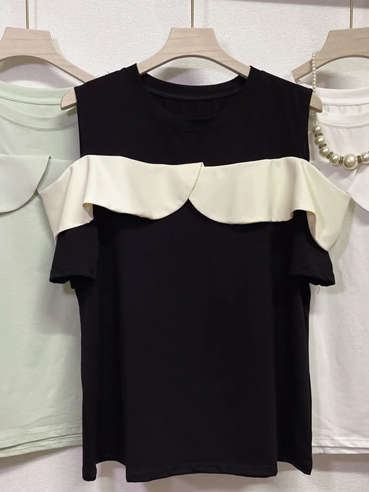 Модная Лоскутная футболка без рукавов с оборками Женская Повседневная круглым