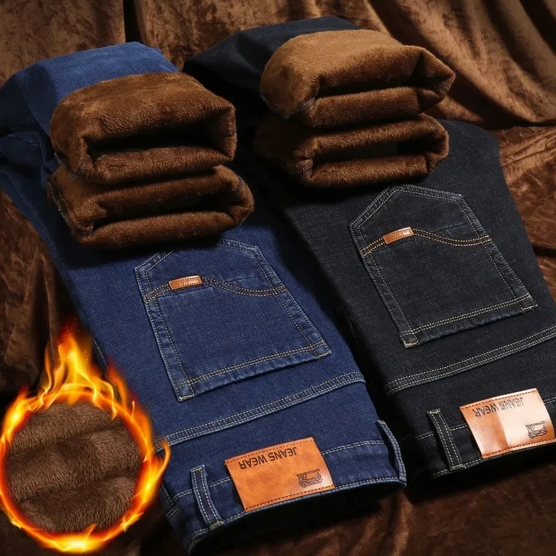 

2023 высококачественные джинсовые облегающие повседневные брюки хлопковые брюки мужские зимние теплые флисовые мужские джинсы толстые Стрейчевые