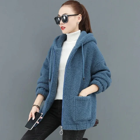 New M-5xl Lambswool Pocket Zip Up Hoodie Autumn Winter Thick Warm Womens Clothing Simple All-match Streetwear Hooded Sweatshirts