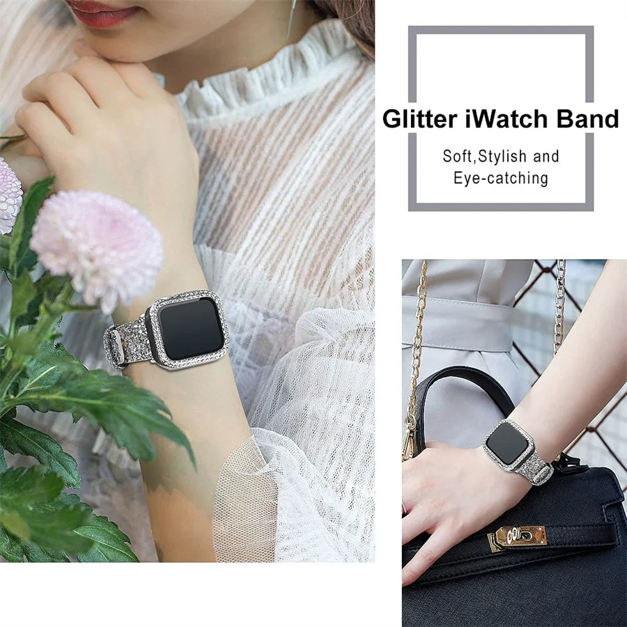 Glitter Leather Band for Apple Watch ultra 49mm 38mm 40/41mm 42mm 44mm 41mm 45mm Shiny Women Strap IWatch Series 8 7 6 5 4 3 SE