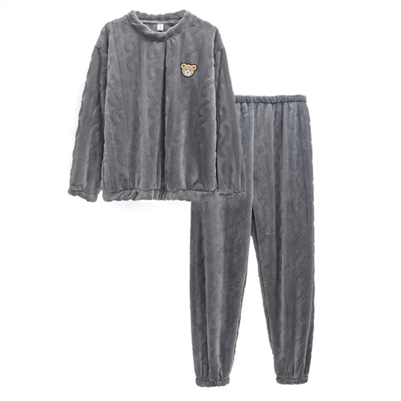 Sweet Little Fragrance Bear Badge Pajamas Set Women's Autumn And Winter Flannel Cardigan Thickened And Warm Coral Velvet