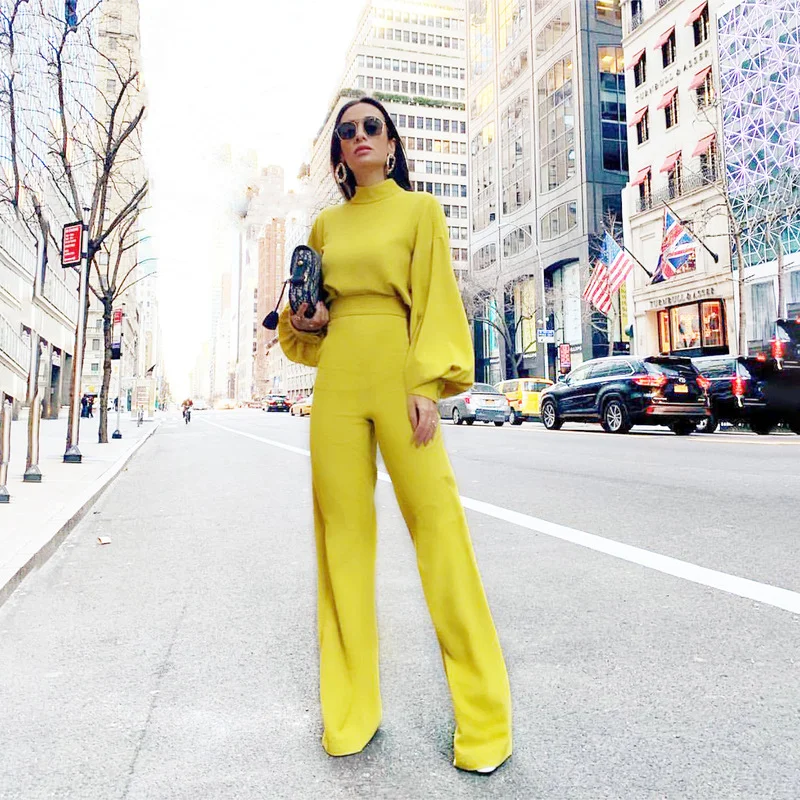 Spring New Sexy Wide-leg Pants Solid Color High Neck Halter Long Sleeve Casual Temperament One-piece Trousers Women's Clothing