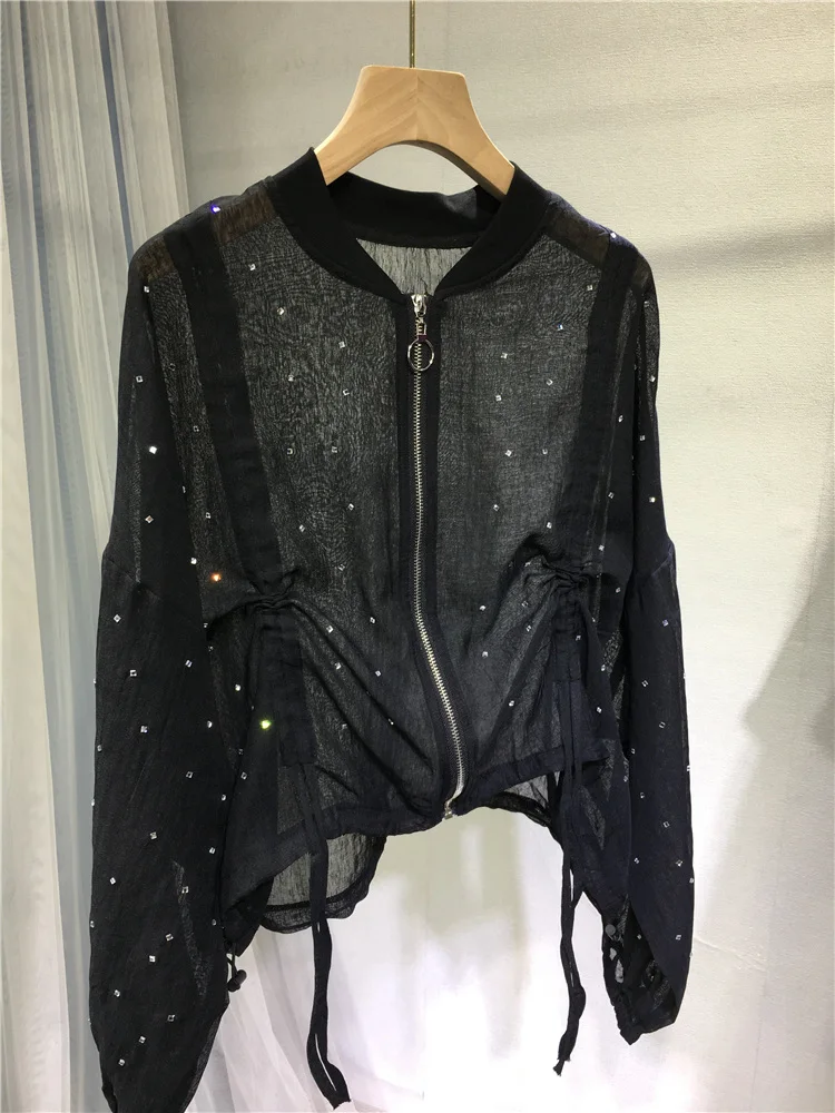 

High-grade Shinning Hot Drilling Black Thin Coat Women's Lightweight Loose Casual Short Zip Cardigan Tops Clothes