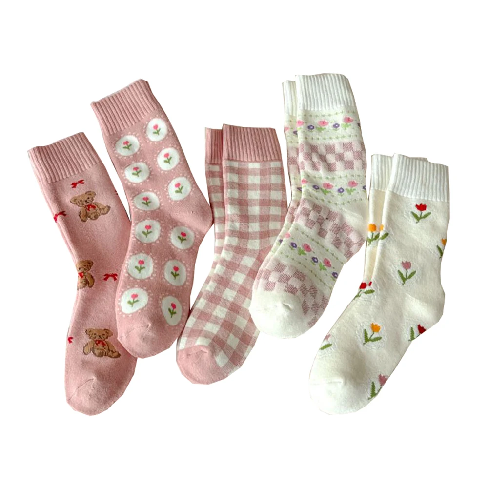 

5 Pair/Lot Cute Pink Winter Long Socks Women Thick Keep Warm Floor Socks Kawaii Cartoon Animal Fashion Print Home Terry Sokken