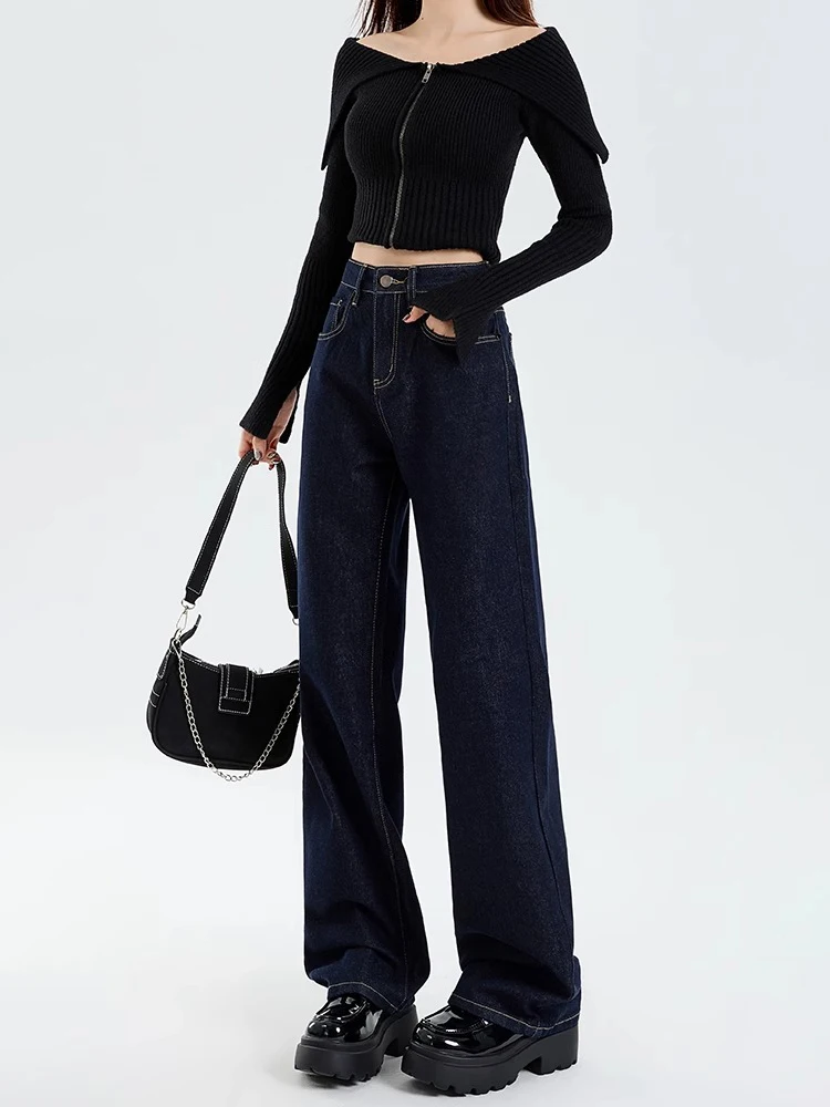 Idolera Dark Blue Narrow Wide Leg Jeans Women Autumn and Winter 2024 New Retro Slimming High Waist Straight Pants