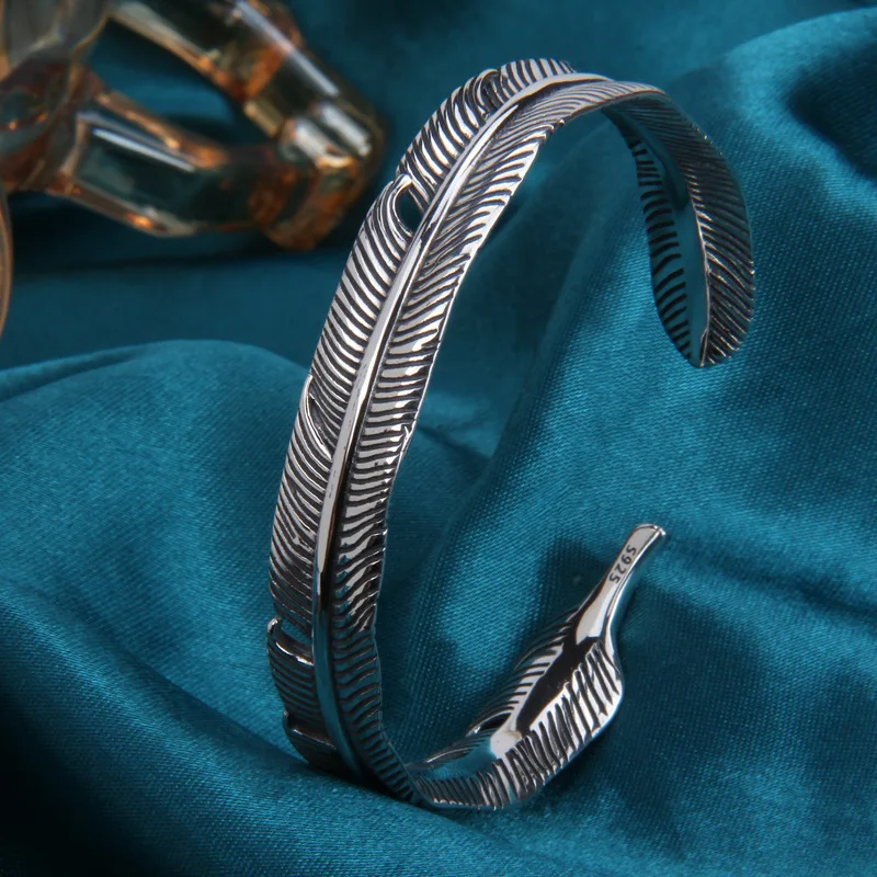 

925 Silver Open Adjustable Thai Silver Bangle Feather Shape Cuff Bracelet for Men Women Classic Jewelry Gift Accessories Bangles