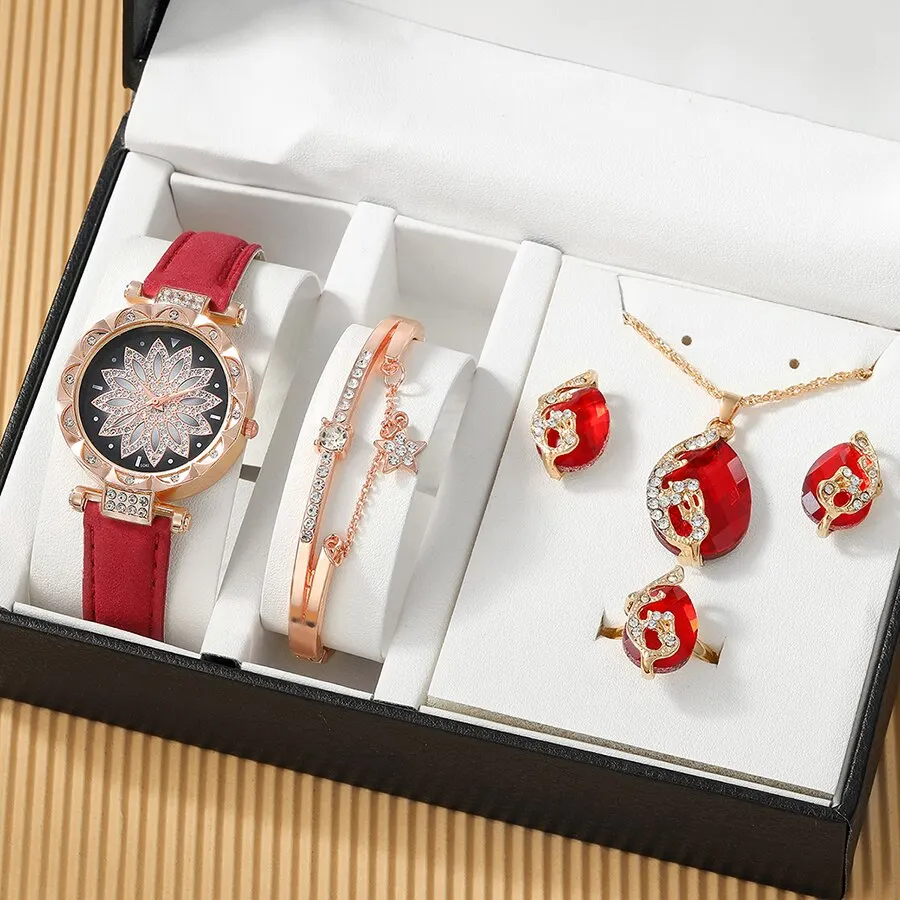 Montres femmes Women Business Fashion Casual Round Pointer Quartz Watches Necklace Bracelet Earrings Ring Set 5pcs tendance 2023