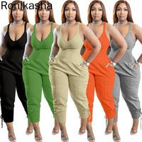 ronikasha women casual jumpsuit solid color deep v neck sleeveless slim long bodysuit rompers with pockets