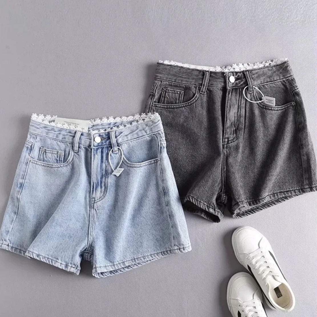 

Dave&Di Ins Fashion Bermuda Loose Short Women Blogger Vintage Washed Lace High Wasit Harem Denim Shorts Women