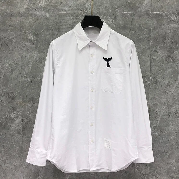 2022 Fashion New Shirts Men Long Sleeve Casual Shirt Turn Down Collar Oxford Whale Embroidery White Men's Clothing