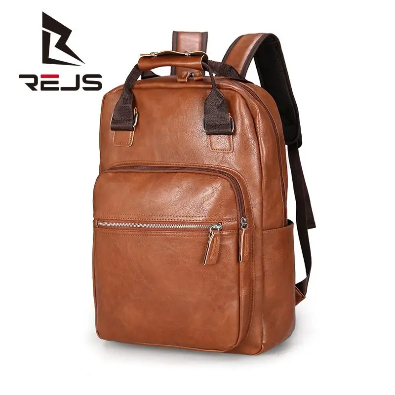

REJS Men Backpack Pu Leather Bagpack Large Vintage Laptop Backpacks Casual Schoolbag for Teenagers Boy Brown Black Male Mochilas