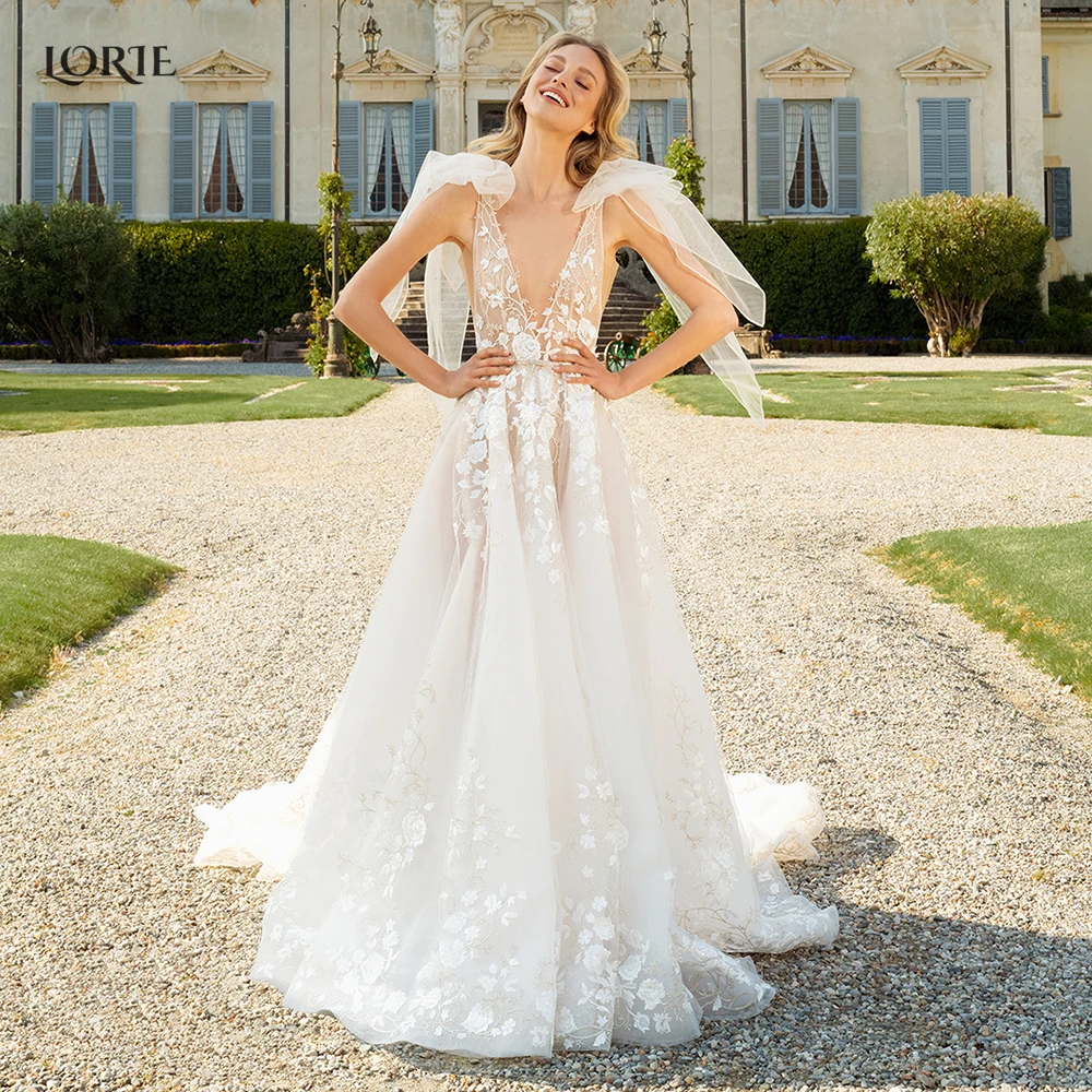 

LORIE New Fashion Summer Lace Wedding Dresses Low-Cut Ribbons Straps A-Line Bridal Gowns Backless Appliques Boho Bride Dress