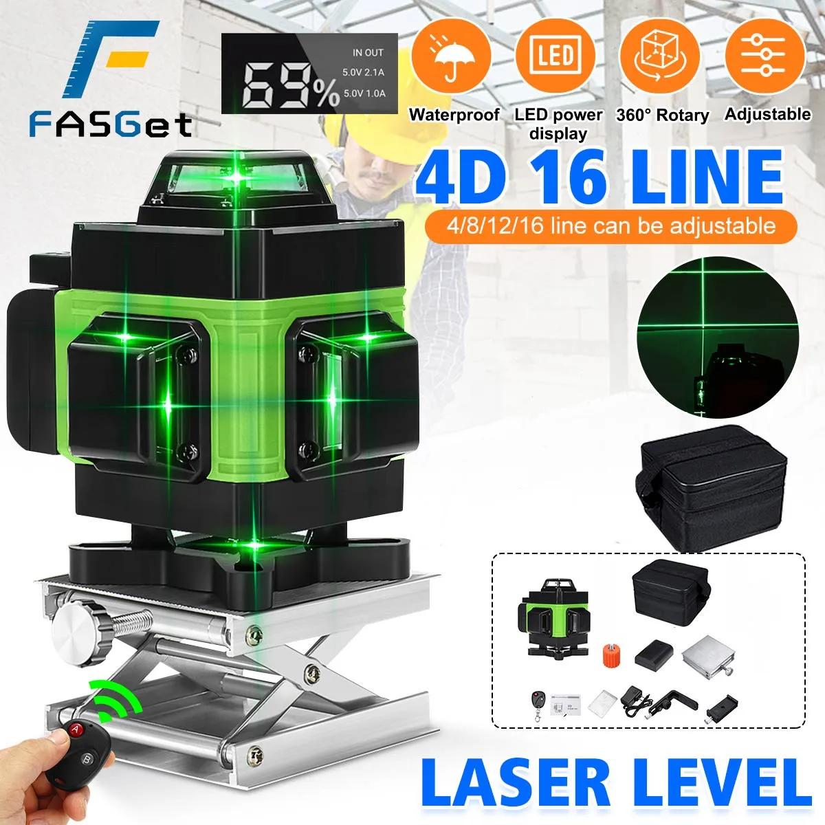

Big Sale 360 Horizontal &Vertical Cross Lines 4D 16 Lines Green Laser Levels Auto Self-Leveling super powerful Indoors Outdoors