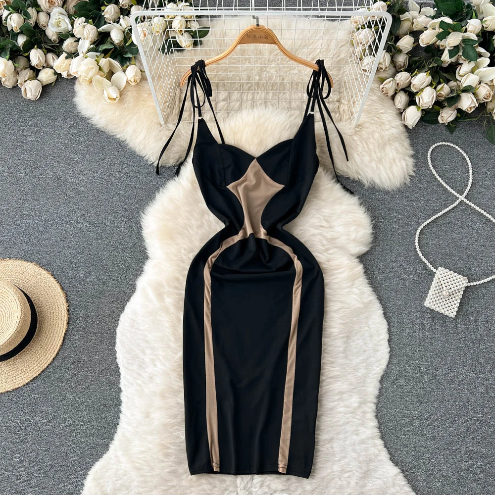 

Panelled Black Elegant Sheath Suspender Dresses Spring Summer Sexy Dress French Fashion Beach Style Vacation Vestidos Dropship