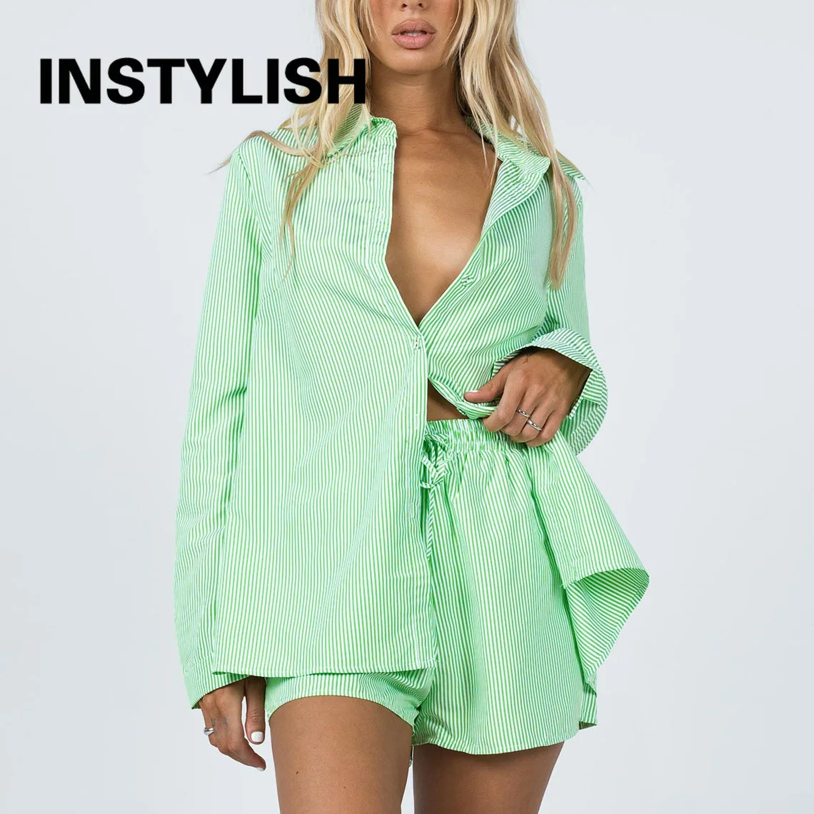 

Elegant Long Sleeve Lapel Shirt Elastic Waist Shorts Casual Striped Women's Tracksuit Summer Streetwear Outfits Vacation Suits