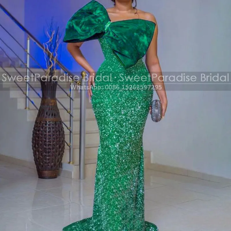 

Зеленое вечернее платье с блестками и большим количеством бусин, с бантом, без бретелек, длинное сексуальное платье-Русалка Aso Ebi, женские платья для выпускного вечера, женское платье
