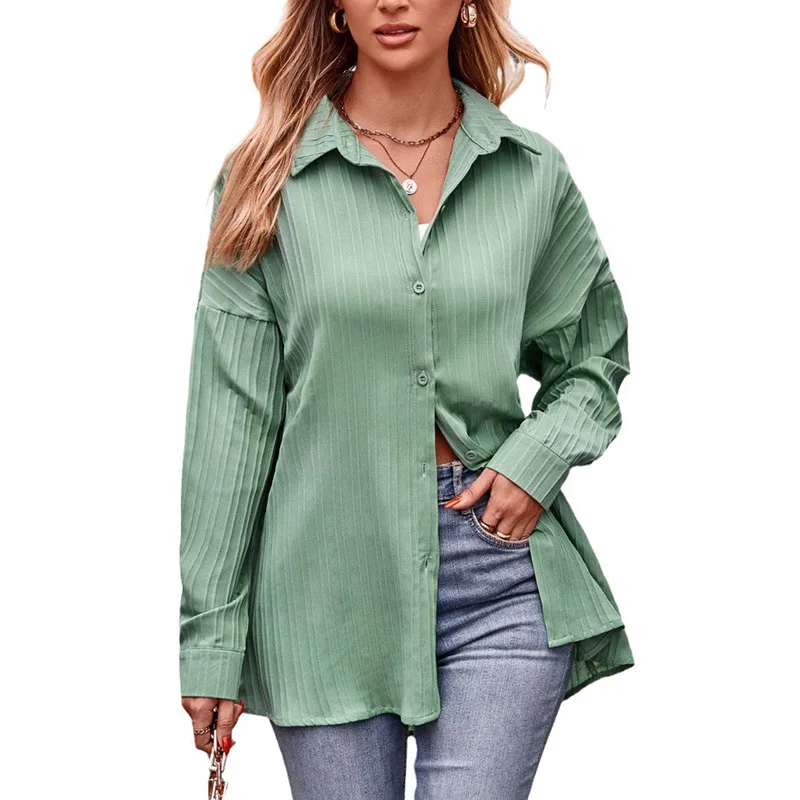 

Autumn Winter New Style Womens Button Shirts Double Stripe Jacquard Classic Long Sleeve Lapel Collared Blouses Solid Color Tops