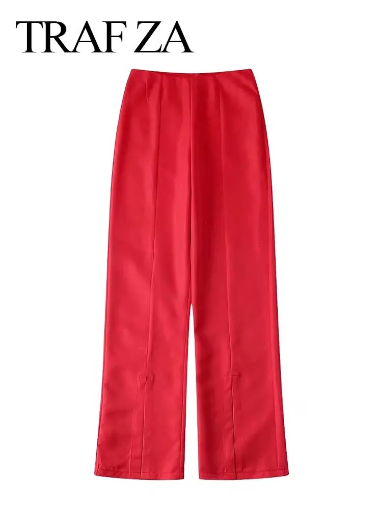

TRAF ZA Red Premium Elegant Hem Slit Ladies Trousers Popular Single High Street Slim Fit Comfortable Women's Flared Pants New