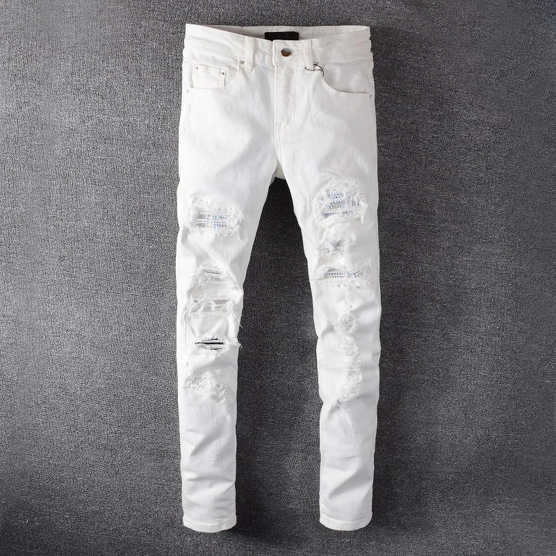 Fashion Designer Men Jeans White Color Stretch Elastic Slim Fit Ripped Jeans Men Streetwear Patched Hip Hop Brand Pants Hombre