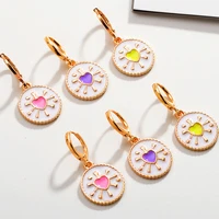 3 pairs kpop fashion enamel colorful purple yellow pink heart charm dangle earrings for woman cute best party jewelry gifts