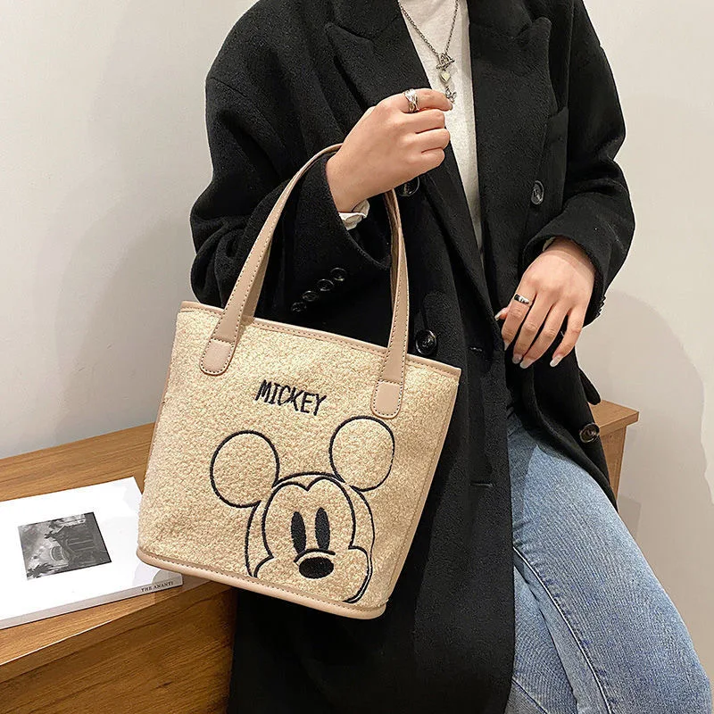 Disney Fashion High-quality Plush Bag Female New Cute Mickey Plush Hand Bag Large-capacity Lamb Wool Shoulder Bucket Bag