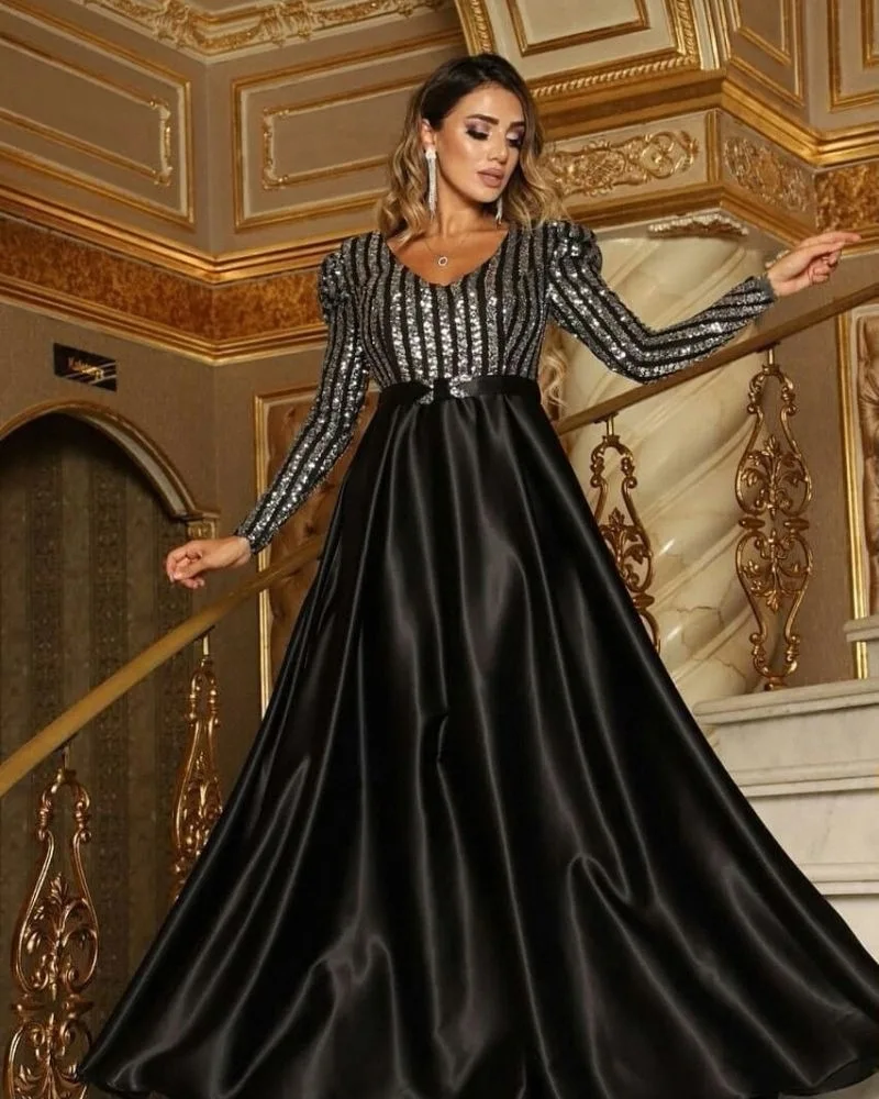 Women Sexy Evening Dress  Long Sleeve V-Neck Sequin Stitching Big Swing Long Tail Dress Prom Gown Party Cocktail Evening Dress