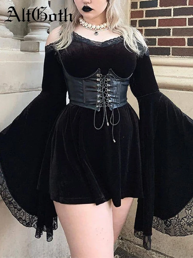 

AltGirl Streetwear Mall Goth Dress Women Harajuku Fairy Grunge Hollow Out Lace Trim Mini Dress Vintage Y2k Vintage Alt Partywear