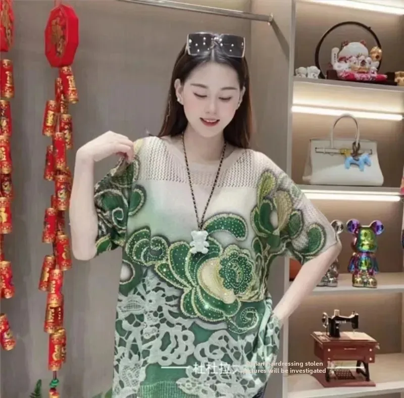 Новый летний льняной вязаный топ с винтажным принтом и стразами свободный крой