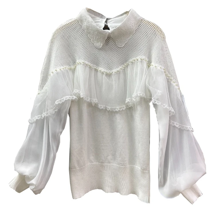 

V Neck Lantern Sleeve Pullovers Women Ruffles Knitted Tops Women Chiffon Sleeve Knitted T Shirts