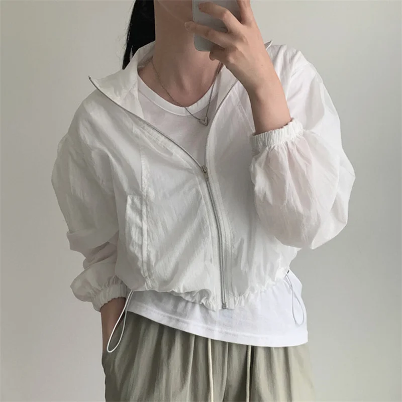 

Женская короткая куртка на шнуровке, однотонная Повседневная Свободная куртка на молнии с длинным рукавом, в Корейском стиле, осень 2023