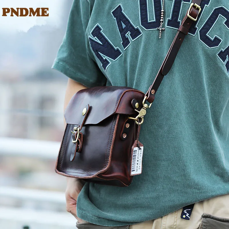 PNDME high quality luxury genuine leather men's small phone bag designer organizer real cowhide party shoulder messenger bag