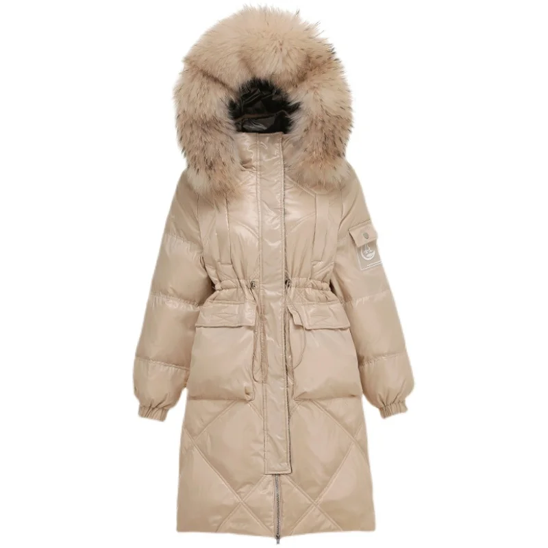 New Women Raccoon Fur Collar Long Down Jacket Casual Style Autumn Winter Coats And Parkas Female Outwear