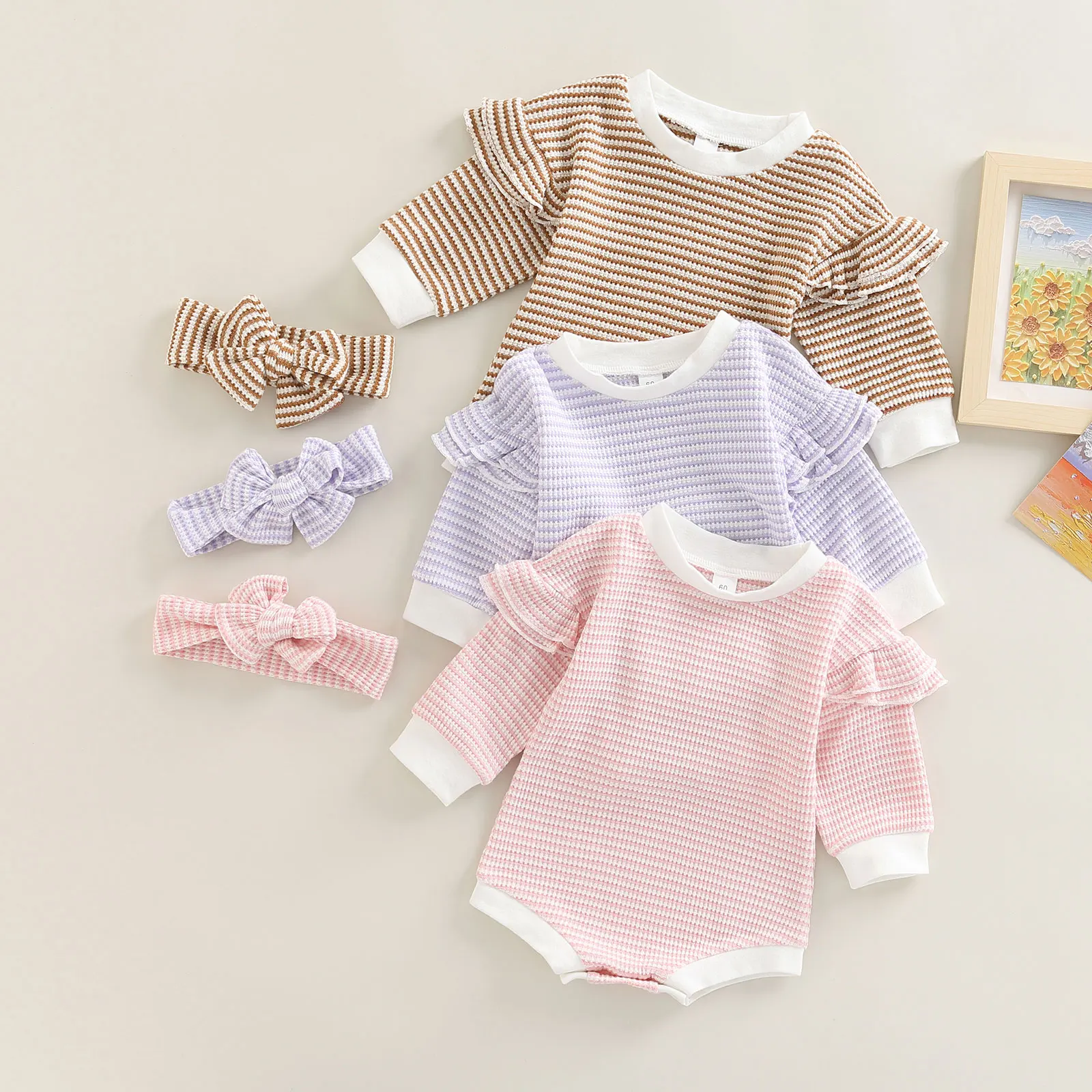 

Infant Baby Girl Fall Outfit Stripe Patchwork Ruffle Long Sleeve Bodysuit + Hairband Set Clothes 0-18Months